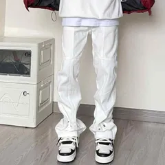 秋冬 コーデ メンズ  服 シンプル ファッション オシャレ 大人 かっこいい 大きいサイズ ストリート 紳士服 ハイエンド ボタン フレア ウォッシュ ホワイト ジーンズ ストレート レッグ アメリカン ヒップ ホップ カジュアル ロング パンツ