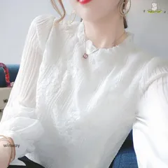ブラウス 白 レディース レース 長袖ブラウス スタンドカラー 刺繍 フリルブラウス チュニック 大人 Yシャツ パフスリーブ 春 夏 春夏 スー