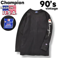 90s ヴィンテージ USA製 チャンピオン Champion サイド ロゴ プリント 長袖 Tシャツ ロンT クルーネック カットソー M ブラック ストリート アメリカン カジュアル ウェア メンズ