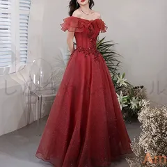 イブニングドレス オフショルダー レッド ロングドレス ボートネック 発表会ドレス 30代 お呼ばれドレス 二次会ドレス パーティードレス チ