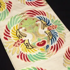 極アンティーク】 名古屋帯 両面全通柄 鶴 牡丹 菊 松 正絹 薄