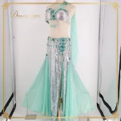 ベリーダンス オリエンタル 衣装 上下セット 水色 シルバー ビーズ ラメ 花柄 装飾 ブルー系 シルバー系 パステルカラー レース 発表会 水色シルバー パーティー衣装 コスチューム ベリーダンス衣装 スリットスカート 発表衣装 発表会用 ステージ衣装