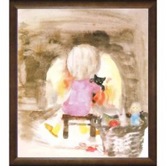 ★ いわさきちひろ『暖炉の前で猫を抱く少女・色紙(ブラウン)』複製画・人物画　児童画　ストーブ・複製画