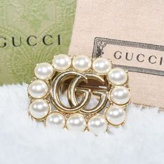 GUCCI グッチ ゴールド フィニッシュ パール メタル ダブルG GG グラスパール ブローチ アクセサリー