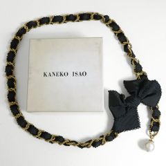 【美品】カネコイサオ★パール＆リボンのゴールドチェーン　黒・ゴールド系　＊ｋ3890