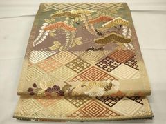 平和屋着物○アンティーク 大正ロマン 九寸名古屋帯 総刺繍 休み鳥枝椿  
