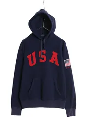 【お得なクーポン配布中!】 ポロ ラルフローレン フリース フード パーカー メンズ S / 古着 プルオーバー ジャケット トップス 星条旗 USA ビッグロゴ フーディ 紺