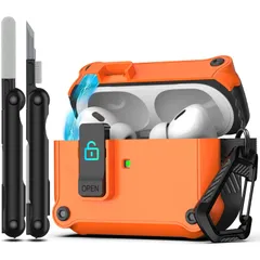 RFUNGUANGO AirPods Pro 2nd/1st Generation用ケースカバー、安全なロッククリップ付き、自動ポップアップケース、フルボディ耐衝撃ハード保護カバー、AirPods Pro 2ケース(2023/2022/2019)用 -ブラック