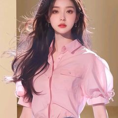 レディース ファッション 美しい シャツ ピンク パフスリーブ 半袖 シャツ 春 トップスス　袖口リボン