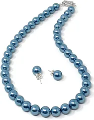 K&R パールネックレス 10mm珠 日本製 冠婚葬祭 結婚式 カジュアル 2点セット( 瑠璃色,  45Cm ピアス)