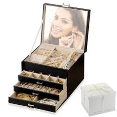 ブラック Exgox ジュエリーボックス 大容量 アクセサリーケース 4段式 PUレザー アクセサリー 収納 ジュエリーケース レディース 鏡付き 鍵付き アクセサリー イヤリング ネックレス 腕時計 アクセサリーケース 宝石箱 持ち運び 誕生日 母の日 結婚