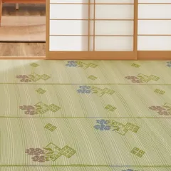 【在庫処分】ラグ 「#110」 花ござ 約176X176cm 58間2畳 和風 グリーン 花柄 い草風カーペット 洗える 日本製 萩原