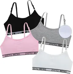 FARFADET スポーツブラ ハーフトップ ジュニア ブラジャー カップ付 インナー ガールズ ティーンズ 4枚組 フィットネス 部活 デイリー 中学生 小学生 下着 スクール ふんわり カップ付き(アジャスタータイプ,  Free Size)