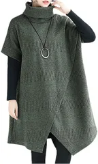 エムエルーセ 重ね着 アシメデザイン ハイネック チュニック シンプル ゆったり( カーキ,  M)