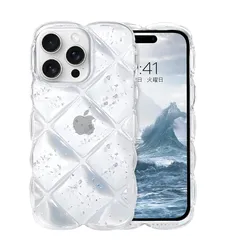 GUAGUA iPhone15Pro ケース クリア ウェーブ 菱形バック いphone 15Pro 透明 うねうね ケース TPU キラキラ 菱形 凸凹 アルミ箔シルバー 可愛い 韓国 人気 耐衝撃 超軽量 おしゃれ バンパー ストラップホール付き アイ 0