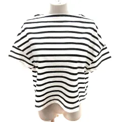 ナノユニバース nano universe ニット カットソー ボートネック 半袖 ボーダー F アイボリー 黒 ブラック /RT ■MO