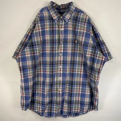古着 90's/90年代 ラルフローレン RALPH LAUREN 半袖シャツ ロゴ 刺繍 チェック 大きいサイズ 薄手 XXL  ブルー系 マルチカラー メンズ