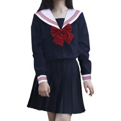 ネイビー_L [FAVORABLE SCENERY] セーラー服 レディース 長袖 シャツ スカート 上下セット 前開き コスプレ JK 制服 コスチューム 白 ネイビー 高校生