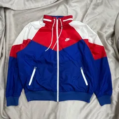 NIKE ウィンドブレーカー　メンズ　サイズL ジャケット　トラックジャケット　青　赤　白　刺繍ロゴ　収納フード　ナイキ
