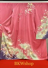 ＜大特価＞　現品限り　used　振袖　ピンク地裾ブルー鶸色ぼかし桜柄　正絹　成人式　およばれ　着付け練習
