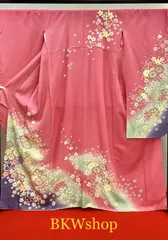 ＜大特価＞　現品限り　used　振袖　ピンク地裾ブルー鶸色ぼかし桜柄　正絹　成人式　およばれ　着付け練習