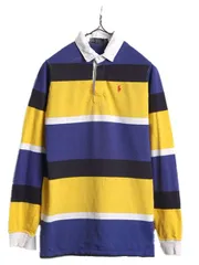 【お得なクーポン配布中!】 90s USA製 ポロ ラルフローレン ボーダー 長袖 ラガーシャツ キッズ L メンズ XS 程 ラグビーシャツ 長袖シャツ グリーンタグ ワンポイント