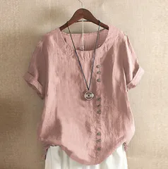 コットンリネンシャツ（ピンク/Lサイズ/ＸLサイズ)半袖シンプルレディーストップス095