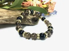 スモーキークォーツ×オニキス パワーストーン ブレスレット 天然石ブレス (ロンデル： ゴールド) 10mm メンズ・レディース △