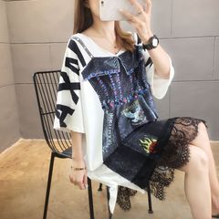 【M/Lサイズ】デニムデザイン レース付 Tシャツワンピース ブラック
