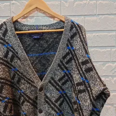 古着 L  カーディガン　ブルー　グレー　総柄