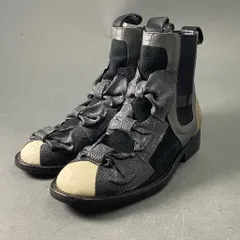 1A25 日本製 COMME des GARCONS コムデギャルソン ショートブーツ サイドゴアブーツ リボン装飾 23.5 グレー×ブラック×ホワイト スエード レザー レディース女性用のサムネイル