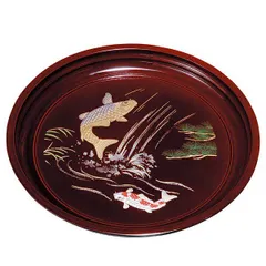 紀州塗り ９寸 丸盆 溜 登り鯉（盛絵） お盆 トレー トレイ おぼん 日本製 国産