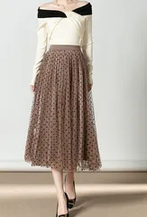 ドット柄 チュールスカート ロング丈 ウエストゴム 体型カバー 大人 きれいめ フレア Aライン 秋 冬 春 レディース ベージュ 透け感 フェミニン 上品 ロングスカート 無地 カジュアル 通勤 20代 30代 40代 [1032]
