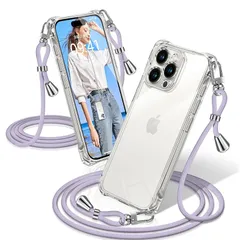 iPhone 15 Pro ケース クリア ショルダー 耐衝撃 iPhone15Pro スマホケース 透明 織りストラップ付き 肩がけ 首掛け 紐付き アイフォン15Pro カバー 縄掛け シングルショルダーロープ 斜めがけ 調節可能なショルダー クロスボ 1