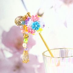 ❁大人かわいいつまみ細工パステルGかんざし❁ミニボールブーケ・簪・和装髪飾り・和玉かんざし・ボールブーケ・簪・卒業式・入学式・成人式・七五三・着物・和装・浴衣髪飾り・ハンドメイド・ヘアアクセサリー・記念日・行事