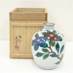りの様専用 九谷焼 清雅堂造 青粒 色絵秋草図 花瓶 共箱 M R4217