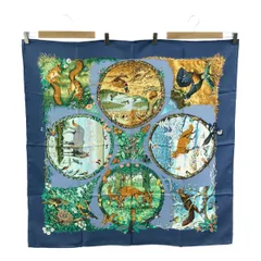 HERMES エルメス スカーフ カレ90 Les Quatre Saisons 四季 アニマル ブルー シルク100％ 25k252-3