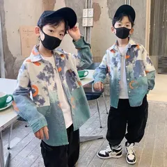 クーポンで10%OFF★ 子供服 子ども服 こども服 キッズ デニムジャケット Gジャン ジージャン デニムコート 上着 英文字 総柄 アウター 春 秋 羽織り 男の子 カジュアル ジュニア KCFC048(2色120-170)のサムネイル