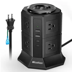 延長コード 2M 電源タップ タワー Type-C付 8個AC口 2個USB-Cポート 2個USB-Aポート Micshion USB コンセント 個別スイッチ型 テーブルタップ 雷ガード usb-c付き たこ足配線 過負荷保護 2層 省エネ ブラック… 1