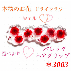 本物のお花 バレッタ ヘアクリップ ドライフラワー 赤 シェル キラキラ レジン