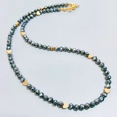 高純度テラヘルツと ゴールドのハート型ヘマタイトのネックレス♡18kgp ステンレス製 4mm玉 健康アクセサリー ジュエリー 鑑定済み 本物 テラヘルツ鉱石 38cm  40cm 42cm