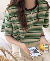  マルチボーダーTシャツ 半袖カットソー夏 ナチュラルトップス 薄手リラックス夏服 トレンド tシャツ