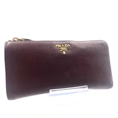 ■美品■希少デザイン■PRADA  プラダ　金ロゴ　L字ファスナー　ラウンド　長財布　レザー　本革　ボルドー　ゴールド金具　レディース　ユニセックス