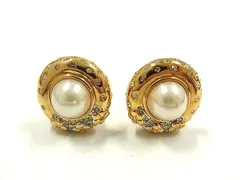 ■美品■ NINA RICCI ニナリッチ ラインストーン パール クリップ式 イヤリング アクセサリー ゴールド系×アイボリー系 DI1419