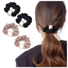 happykau シュシュ 4個セット シルク ヘアゴム 大人 黒 パール 大粒 シルク 跡がつかないヘアゴム 髪ゴム セット ヘアアクセサリー シルクゴム 美髪シュシュ おしゃれ レディース ヘアシュシュ 優雅 可愛い