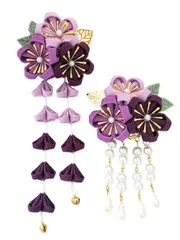 【最短発送】鈴付き 手作り 結婚式 卒業式 赤 花 黄 つまみ細工 和装 紫 振袖 着物 ピンク 袴 グレー 浴衣 七五三 白と青 成人式 髪飾り2点セット 6色 [JZOON]