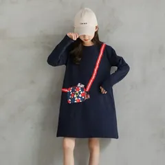 送料無料 ネイビー 長袖 プリント Tシャツ ワンピース チュニック 子供服 女の子 キッズ ガールズ ふんわり かわいい カジュアル 120cm 130cm 140cm 150cm 160cm