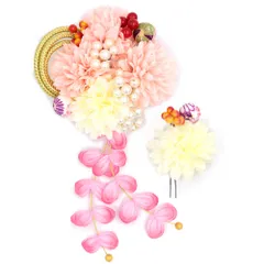 髪飾り 成人式 振袖 前撮り 袴 2点セット 花 ピンク 白 ゴールド 造花 ちりめん 下がり ゆらゆら 組紐 パールビーズ 和柄 花ご No.12-0697