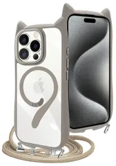 【数量限定】iPhone 15 Pro Max ケース 専用 猫耳 mimi MagSafe対応 TPU ストラップ付き ショルダー 肩掛け 縄掛け 紐付き 斜めがけ ストラップ着脱可 ネックストラップ 長さ調整可能 取り外し可能 ねこみみ 猫 ネコ ねこ 背