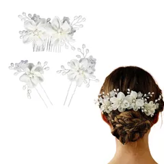 (シルバー) 和装ヘッドドレス 結婚式ヘアアクセサリー 浴衣 ブライダル髪飾り 3点セット ヘアコーム 手作り花パール髪飾り LOHGOU